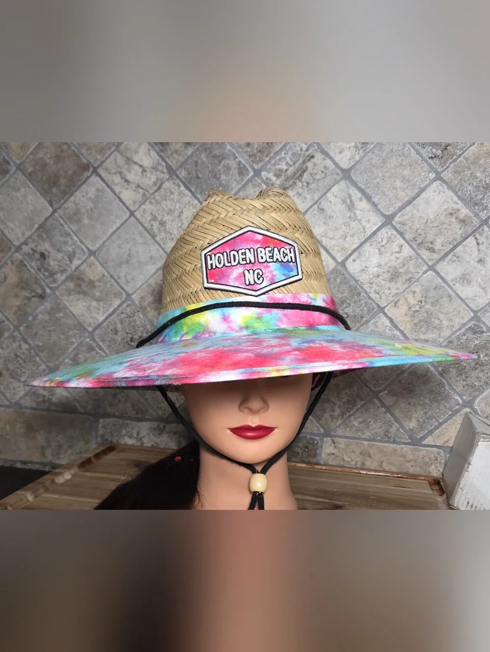 Holden Beach N. C. Lucky 7 Wide Brim Straw Sun Hat - Tie-Dye Brim One Size Adult
